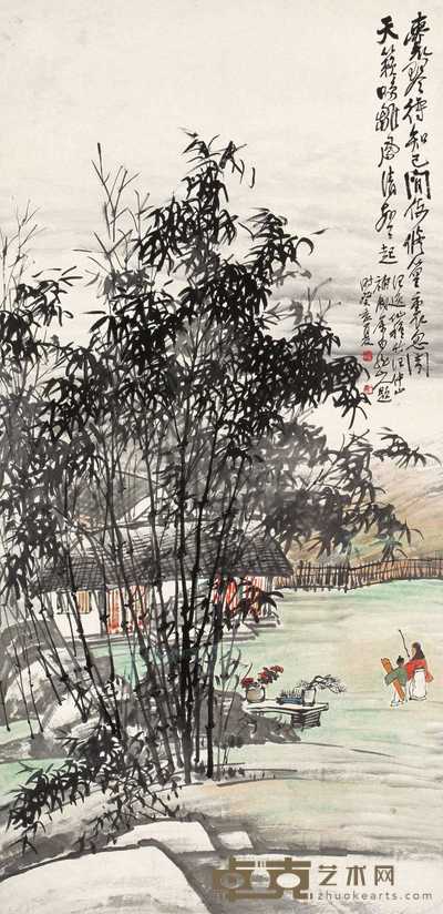 汪逸仙 汪琨 王震 竹林携琴 立轴 135.5×65.5cm